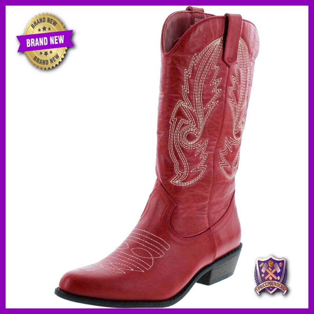Faux Leather Platform Combat Boots Western Cowgirl Pull-On Mid-Calf